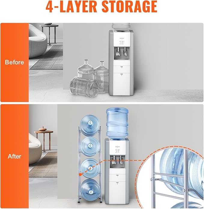 VEVOR 5 Gallon Water Jug Holder, 4 Tiers Water Bottle Holder, Heavy Duty Water Bottle Rack with 4 Slots, Detachable Water Jug Stand for Kitchen, Office, Living Room- Silver