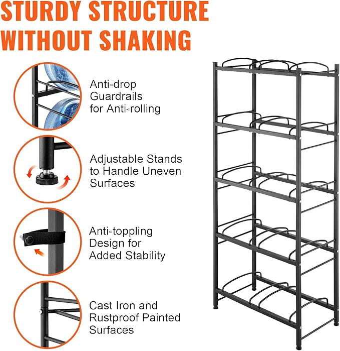 VEVOR 5 Gallon Water Jug Holder, 5 Tiers Double Row Heavy Duty Water Bottle Rack with 10 Slots, Detachable Water Jug Stand for Kitchen, Office, Living Room- Black