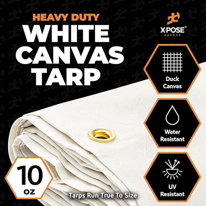 Xpose Safety Canvas Tarp - 10oz White Canvas Tarps Heavy Duty Water Resistant with Brass Grommets- Multipurpose Outdoor Tarpaulin for Camping, Canopy, Trailer, Equipment Cover 5' x 7' (2 Pack)