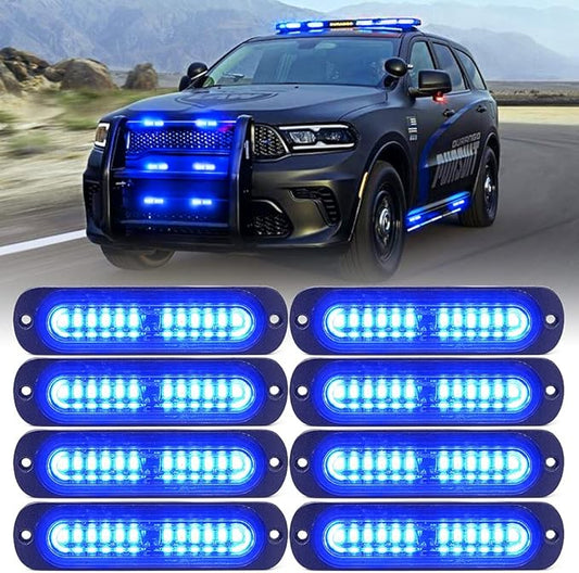 Xprite Blue LED Emergency Strobe Lights Kit, Surface Flush Mount Grill Grille Hazard Warning Safty Flashing Police Light for Volunteer Vehicles Off-Road Trucks Cars SUV ATV UTV Motorcycle - 8PCS