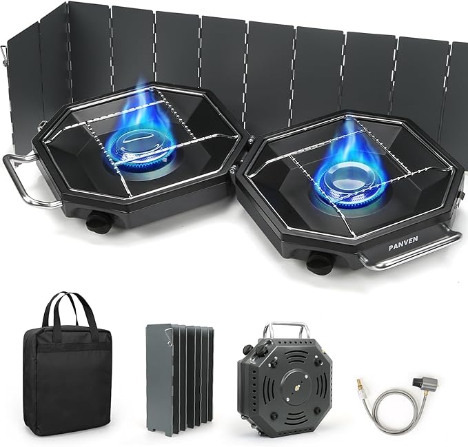 Camping Stove Propane, 2 Burner Camp Stove, 20,000 BTU Propane Camping Stoves, Portable Gas Stove with Windscreen, Storage Bag, Regulator for Picnic, BBQ, Tailgating