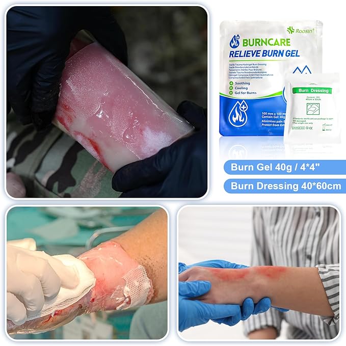 Burn Kit, 4pcs Burn Dressings 4x4”, 8pcs Burn Gel Packets 3.5g, 4pcs Burn Pads, First Aid Kit Cooling Soothing Cream Relief with Bandage, Nitrile Gloves, Scissors, Tape