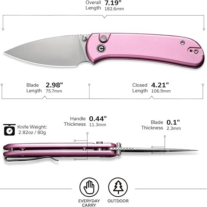 CIVIVI Qubit Pink Pocket Knife for EDC,Folding Utility Knife with 2.98" 14C28N Blade Aluminum Handle,Fashion Gifts for Women,Men C22030E-5