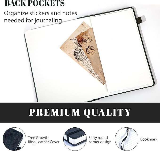 CAGIE Lined Journal for Men Women, Tree Growth Ring Leather Bound Journal Notebook, 256 Pages 100 GSM Journals for Writing, A5 Hardcover Journaling Notebooks,2 Pack (Brown & Black)