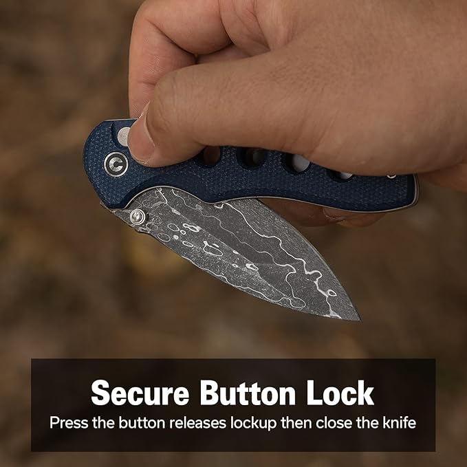 CIVIVI Triptych Folding Pocket Knife, 2.97" Damascus Blade Micarta Handle with Reversible Clip, Button Lock Knife for EDC Camping Hiking C23085B-DS1, Blue