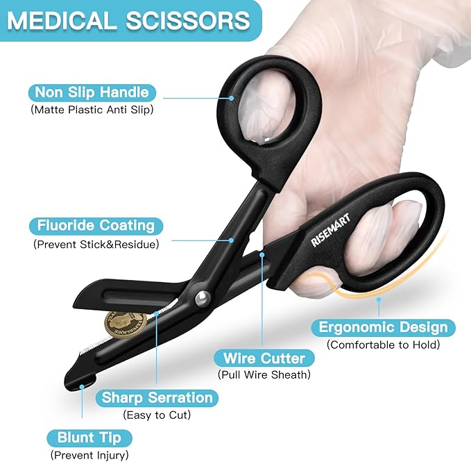 Trauma Shears - RISEMART Bandage Scissors for Nurses, 7.5" Fluoride Coated Non-stick Blades Stainless Steel Nursing Scissors for Doctor, Nurses, Nursing Students, EMS, EMT