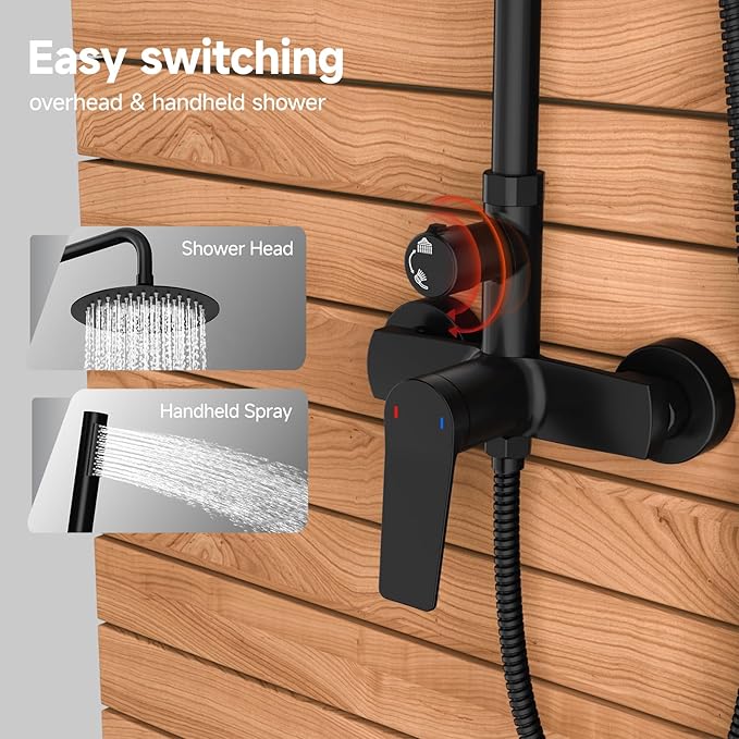 Rainsworth Outdoor Shower Kit Matte Black - Single Handle Brass Valve, 8 Inch Rain Shower Head and Handheld Spray Shower Fixture Combo, SUS 304 Stainless Steel Wall-Mounted Faucet