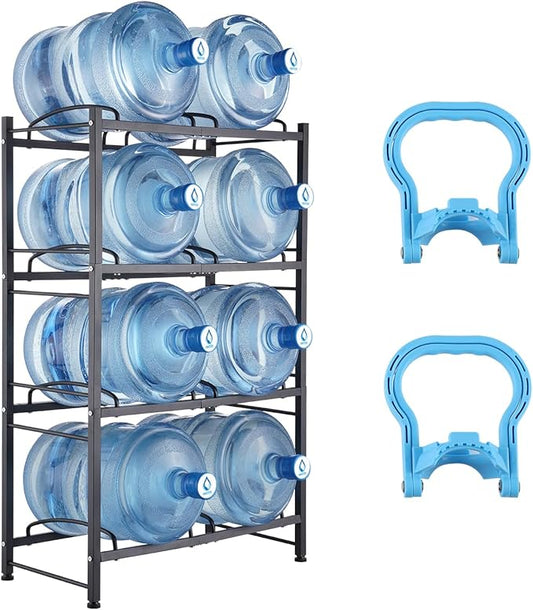 VEVOR 5 Gallon Water Jug Holder, 4 Tiers Double Row Heavy Duty Water Bottle Rack with 8 Slots, Detachable Water Jug Stand for Kitchen, Office, Living Room- Black