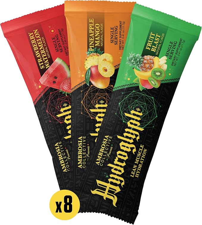 Ambrosia Hydroglyph Intraworkout Formula w/BCAA + EAA + Electrolytes Hydration Powder to Protect Lean Muscle, 0g Sugar Fasting Hydration Drink Mix, Made w/Coconut Water (Variety Pack) On-The-Go Packs