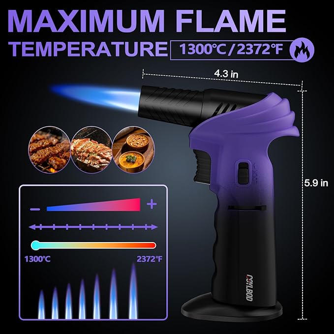 Butane Torch Lighter, 0-90°Rotating Angle Butane Lighter, Refillable Kitchen Torch with Safety Lock, Adjustable Flame for Soldering (Purple and Black)