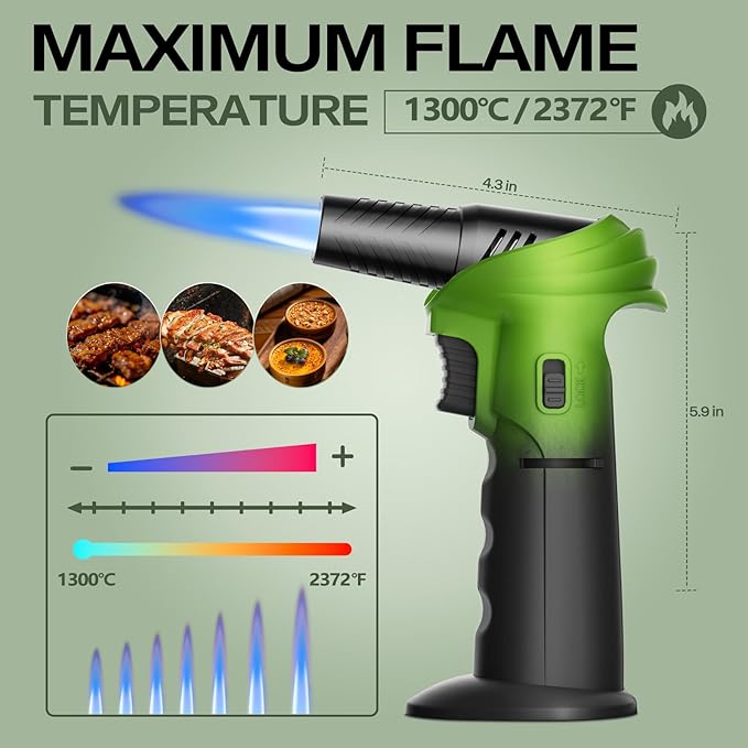Butane Torch Lighter with Butane Included, 115Ml Butane Refill, 0-90°Rotating Angle Kitchen Torch, Refillable Creme Brulee Torch with Safety Lock, Adjustable Flame for Soldering, Cooking