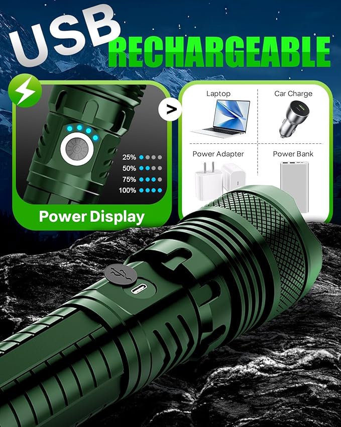 Victoper Green LED Flashlights, High Powered High Lumens Super Bright Tactical Flashlight, Rechargeable, 5 Modes Zoomable Waterproof Flash Lights for Emergency, Outdoor, Home, Camping, Hiking