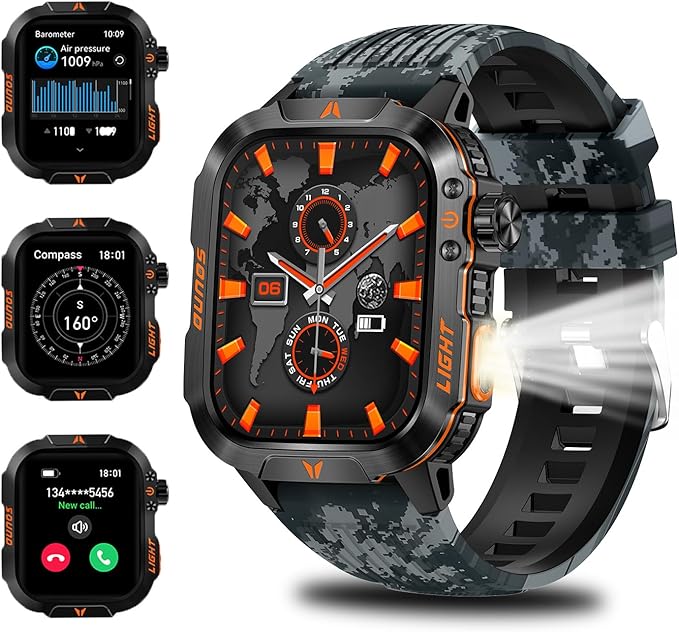 QTLLBT Men's Military Smart Watch HD Compass Altimeter Barometer Fitness Tracker Sports Watch Pedometer Mountaineering Watch Sleep Monitoring Function Men's and Women's Watches