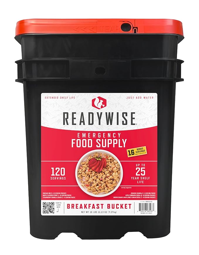 ReadyWise Emergency Food Supply - 120 Servings Breakfast Bucket, Freeze Dried & Dehydrated Meals, Survival Food Kit for Backpacking, Camping Essentials & Prepping Supplies, up to 25 Year Shelf Life