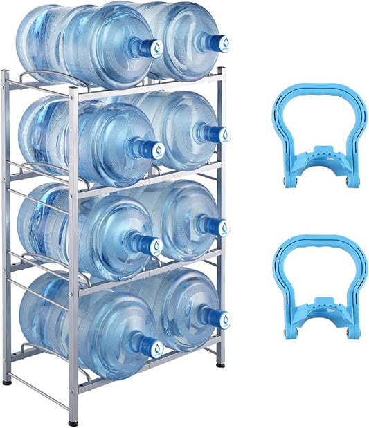 VEVOR 5 Gallon Water Jug Holder, 4 Tiers Double Row Heavy Duty Water Bottle Rack with 8 Slots, Detachable Water Jug Stand for Kitchen, Office, Living Room- Silver