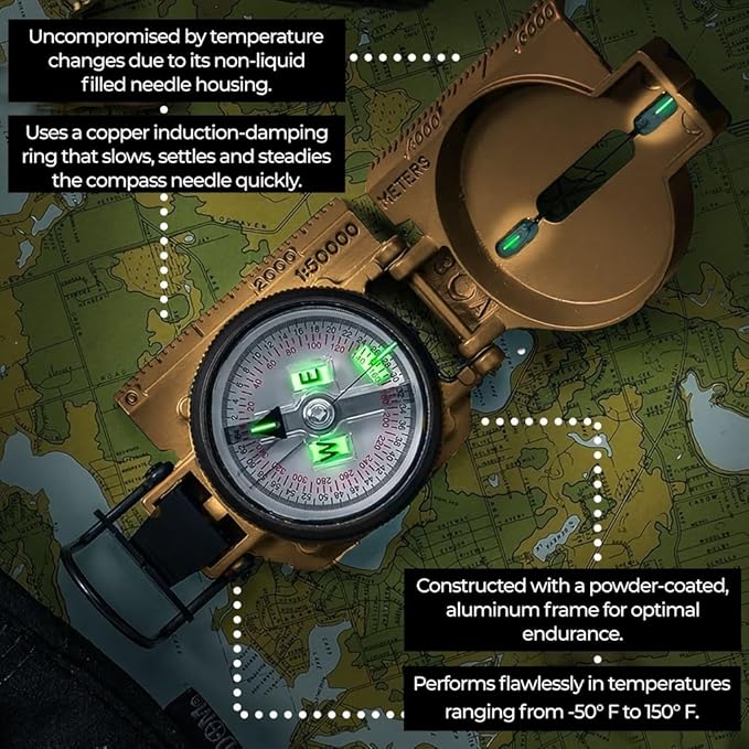 Cammenga Official US Military Tritium Lensatic Compass, Accurate Waterproof Hand Held Compasses with Pouch for Hiking Camping Navigation Survival Backpacking Orienteering