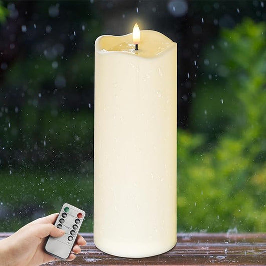 4" x10" Outdoor Flameless Candles Waterproof, Large Battery Operated Candles with Remote, Plastic Flickering LED Candles for Garden Patio Porch Home Party, Ivory 1Pack