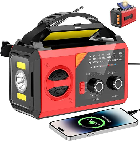 74000mWh Hand Crank Emergency Radio - 20000mAh Solar Portable Weather Radio AM FM NOAA with 3 Mode Flashlight & Reading Lamp, Headphone Jack, Cell Phone Charger, SOS for Emergency, Red