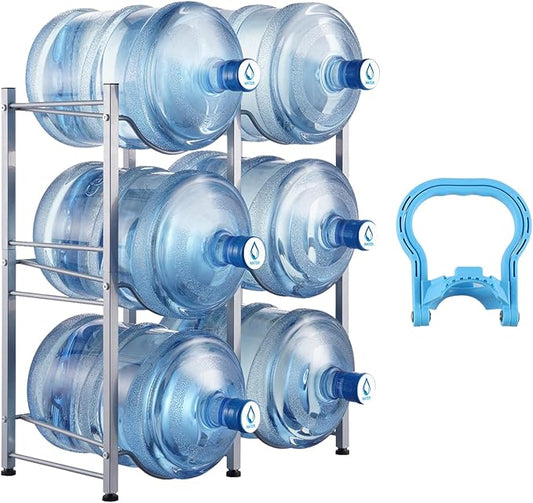 VEVOR 5 Gallon Water Jug Holder, 3 Tiers Double Row Heavy Duty Water Bottle Rack with 6 Slots, Detachable Water Jug Stand for Kitchen, Office, Living Room- Silver