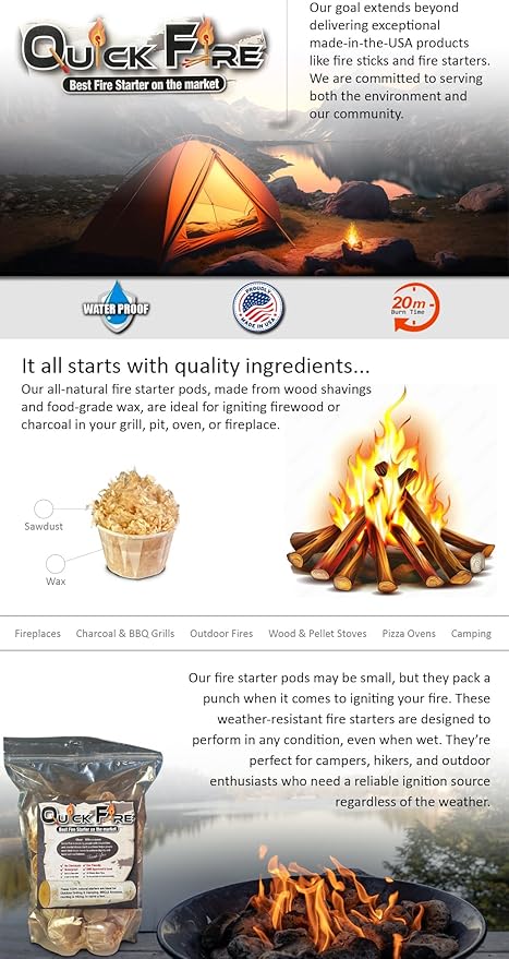 Quick Fire Starter Pods in Resealable Packs - Fire Starters for Campfires, BBQ, Grill Pit, Wood Stove & Charcoal Starter, 20 Min Burn Time,30 Extra Large Pods, USA Made, Brown
