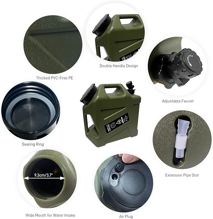 3.2 Gallon Camping Water Container with Spigot, Portable Water Jug BPA Free Water Tank, Military Green Emergency Water Storage Can for Outdoor Hiking Camping Picnic RV (12L)