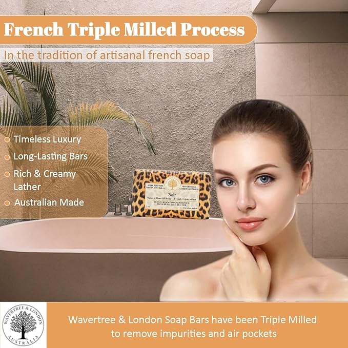 Wavertree & London Noir Scented Natural Soap (2 Bars), 7oz Moisturizing French Triple Milled Soap Bars enriched with shea butter - Pure Plant Oil Bath & Body Bars for All Skin Types