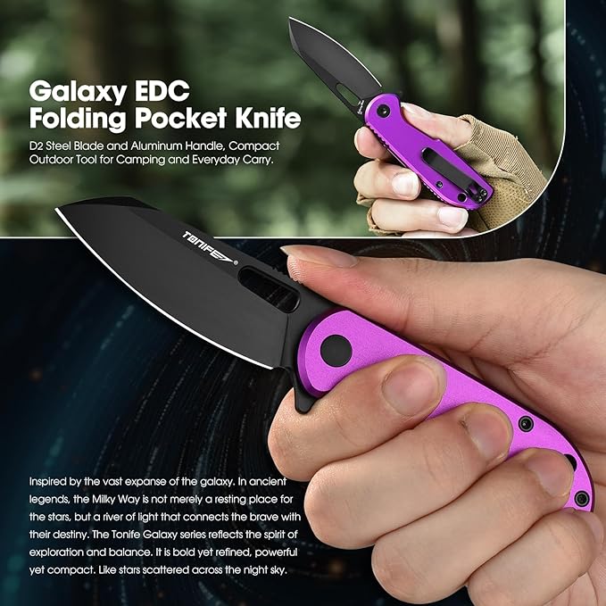 TONIFE Galaxy Mini Folding Knife with D2 Steel Blade and Aluminum Handle, EDC Pocket Tool for Camping, Hiking, and Survival (Purple)