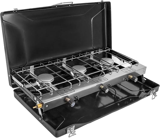 Camping Stove, 3 Burner Propane Portable Camp Stove with Regulator, Push-Button Instant Ignition, Portable Camp Grill, Adjustable Burners for Car Camping Outdoor Cooking (BLACK-19800 BTUs)