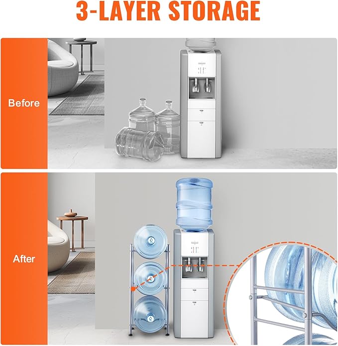 VEVOR 5 Gallon Water Jug Holder, 3 Tier Water Bottle Rack with 3 Slots, Detachable Stand for Kitchen, Office, Living Room - Silver