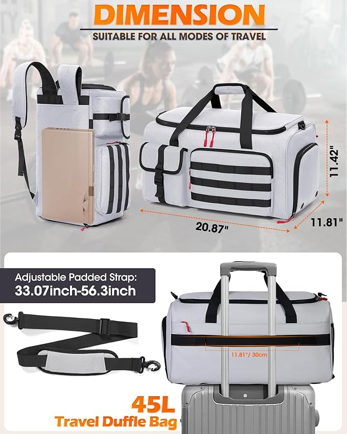 RAINSMORE Gym Bag for Men, 45L Sports Travel Duffel Bag with Shoe & Laptop Compartment, Gym Workout Backpack Carry On Weekender Bag Overnight Backpack for Travel, Grey