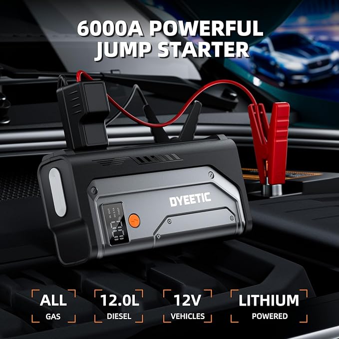 6000A Jump Starter, 12V Portable Car Jump Starter Battery Pack (All Gas and 10.0L Diesel Engines), 26800mAh Lithium Jump Box with Booster, LED Light, Jumper Cable