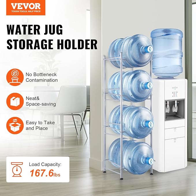 VEVOR 5 Gallon Water Jug Holder, 4 Tiers Water Bottle Holder, Heavy Duty Water Bottle Rack with 4 Slots, Detachable Water Jug Stand for Kitchen, Office, Living Room- Silver