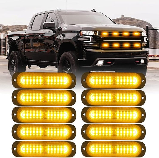 Xprite Amber 12 LED Emergency Strobe Lights Kit Surface Flush Mount Side Marker Grill Grille Hazard Warning Flashing Light Head for Off-Road Vehicles ATV Trucks Cars - 10PCS