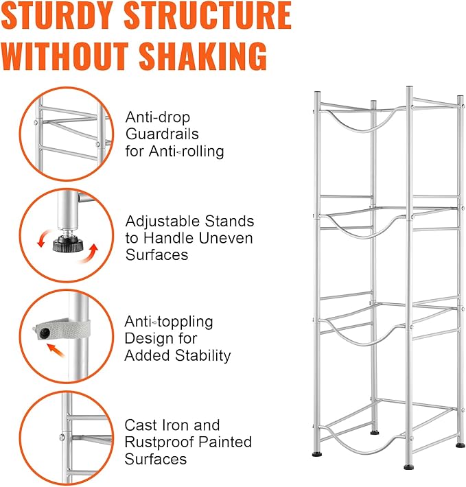 VEVOR 5 Gallon Water Jug Holder, 4 Tiers Water Bottle Holder, Heavy Duty Water Bottle Rack with 4 Slots, Detachable Water Jug Stand for Kitchen, Office, Living Room- Silver