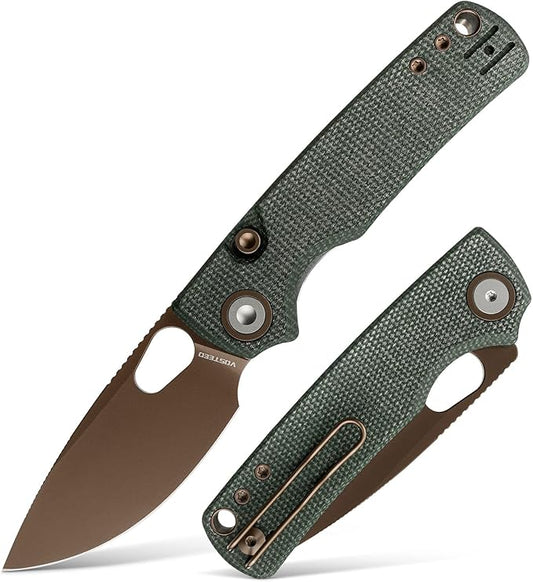 Vosteed Porcupine EDC Pocket Knife - 2.99" 14C28N Copper Dune Blade - Top Liner Lock, Green Micarta Handle - Camping, Hiking Knives - A2609