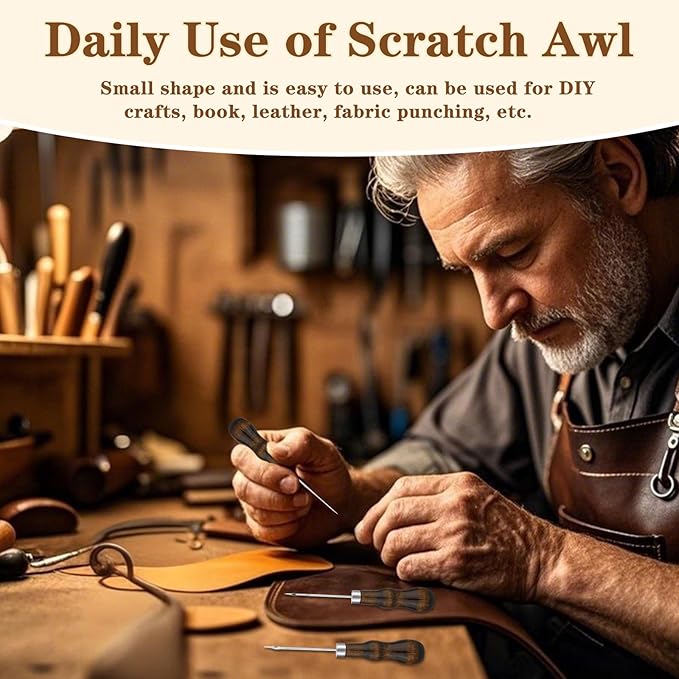 ZXIIXZ 3 Pcs Sewing Awl, Leather Scratch Hollow Hook Awl Tool Kit, Awl Tool Sewing Supplies with Gourd Shape Wooden Handle for DIY Leather Sewing Stitching Bookbinding Punching Repairing Craft