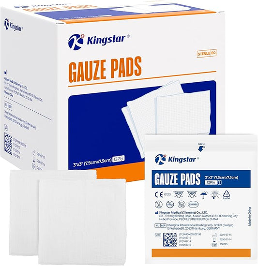 100 Pack Sterile Gauze Pads 3x3 Inch 12-Ply, 100% Cotton Large Gauze Sponges for Wound Care, Highly Absorbent Bulk Hospital-Grade First Aid & Surgical Dressing