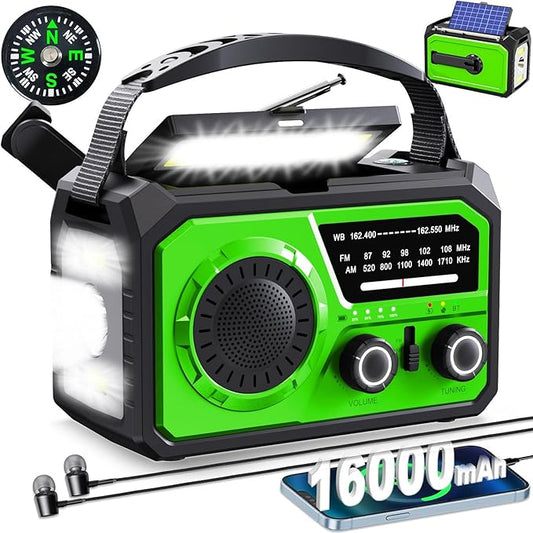 16000mAh Hand Crank Emergency Weather Radio with Wireless Speaker, 59200mWh NOAA AM FM Solar Radio with Flashlight Cell Phone Charger Reading Lamp Compass SOS for Camping and Survival (Light Green)