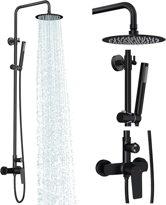 Rainsworth Outdoor Shower Kit Matte Black - Single Handle Brass Valve, 8 Inch Rain Shower Head and Handheld Spray Shower Fixture Combo, SUS 304 Stainless Steel Wall-Mounted Faucet