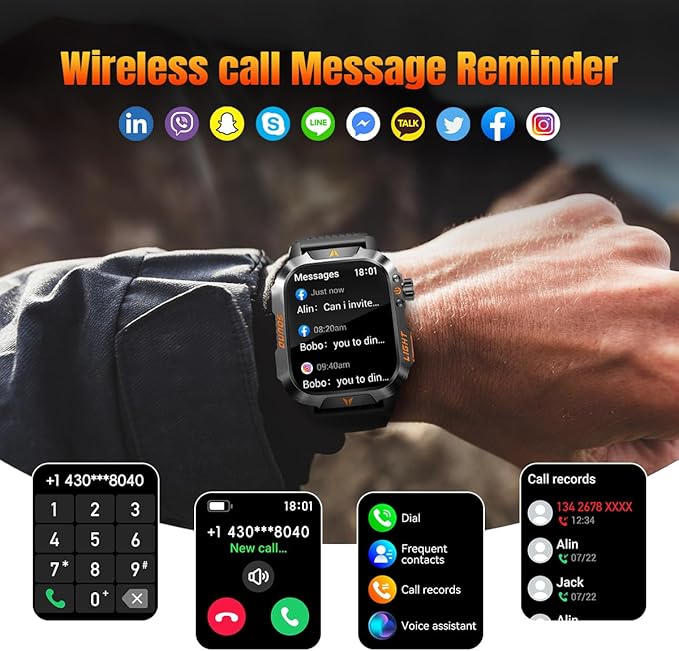 QTLLBT Men's Military Smart Watch Altimeter Barometer Compass IP68 Waterproof Suitable for Swimming Answer/Make Call Function Outdoor Tactical Smart Fitness Watch Heart Rate for Android & iOS