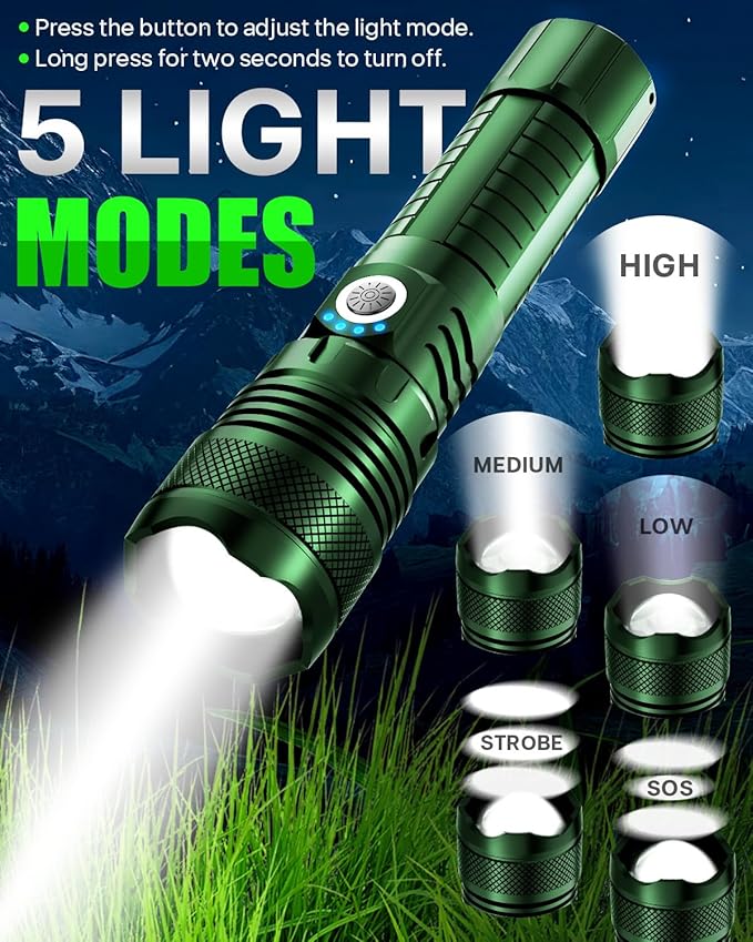 Victoper Green LED Flashlights, High Powered High Lumens Super Bright Tactical Flashlight, Rechargeable, 5 Modes Zoomable Waterproof Flash Lights for Emergency, Outdoor, Home, Camping, Hiking