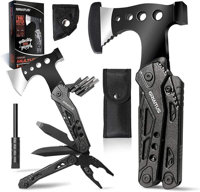 Camping Essentials 16 in 1 Multitool Camping Gear Gifts for Men Dad Multi Tool Survival Gear with Axe Hammer Pliers Saw Screwdrivers Bottle Opener Whistle with Sheath for Hiking Fishing