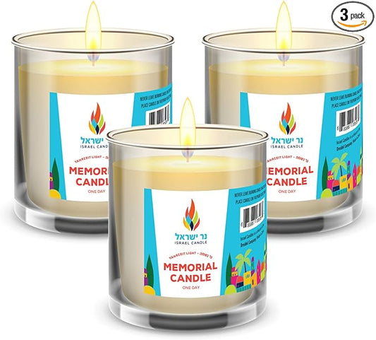 24 Hour Candles, 1 Day Glass Yahrzeit Memorial Candles (3 Pack) | Burns for Approximately 26 Hours, Good for Yizkor and Yahrzeit, 1 Day Candle in Glass Tumbler