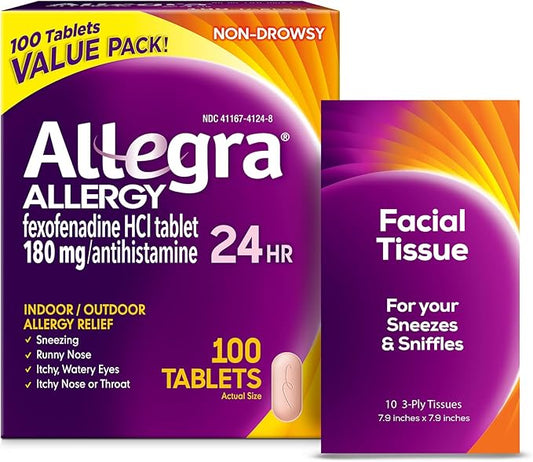 Allegra Adult 24-Hour Allergy Relief Tablets with Bonus Tissue Pack, Non-Drowsy Indoor and Outdoor Allergy Medicine, 180 mg Fexofenadine HCI Antihistamine Pill, 100-Count