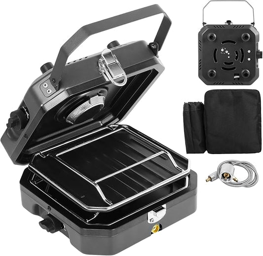 Adjustable 2-Burner Portable Stove with 16000 BTU, with Camping Grill and Carrying Bag, Portable Propane Camp Stove with 2 Burners & Piezo Ignition for Camping, Backyard BBQ,Tailgating (Black)
