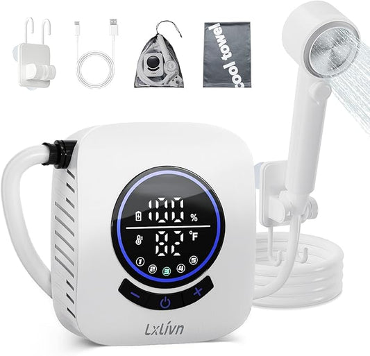 8000mAh Portable Shower, Rechargeable Camping Shower with Intelligent Led display, IPX8 Waterproof, 5-Speeds Control, 4 Spray Modes, Outdoor Shower for Camping, Car, Pet, Garden with Cooling Towel Set