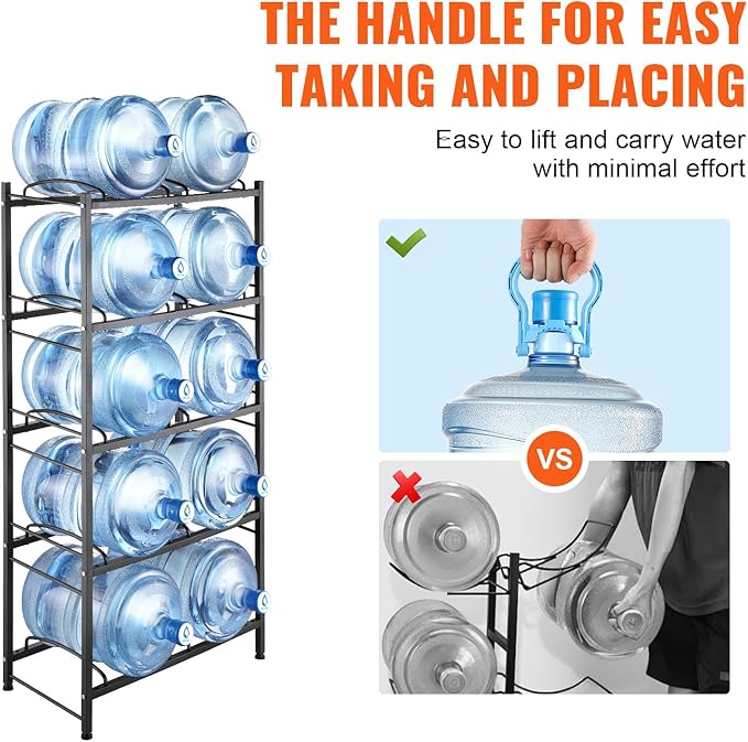 VEVOR 5 Gallon Water Jug Holder, 5 Tiers Double Row Heavy Duty Water Bottle Rack with 10 Slots, Detachable Water Jug Stand for Kitchen, Office, Living Room- Black