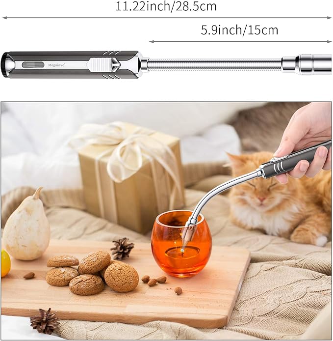 Butane Lighter Torch Long Lighter Refillable Adjustable Jet Flame Lighter Windproof Flexible with Visual Fuel Window Blow Torch for Stove BBQ Grill Fireplace Camping Kitchen (No Gas Include) - Grey