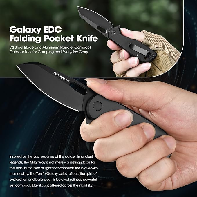 TONIFE Galaxy Mini Folding Knife with D2 Steel Blade and Aluminum Handle, EDC Pocket Tool for Camping, Hiking, and Survival (Black Titanium)