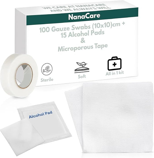 100 pc Large Gauze Pads 4x4 Sterile for Wounds Bulk | Includes 15 Alcohol Wipes & 1 Medical Tape | Non Stick Gauze Pads Sponges | Breathable Mesh First Aid Medical Supplies for Wound Care